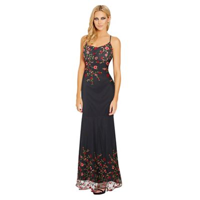 Sistaglam Black 'Maya' embroidered mesh cami strap maxi dress